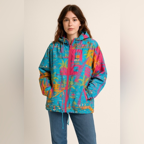 Tops - Vintage Ken Done Colorful Hooded Jacket Printed Windbreaker Size Medium
